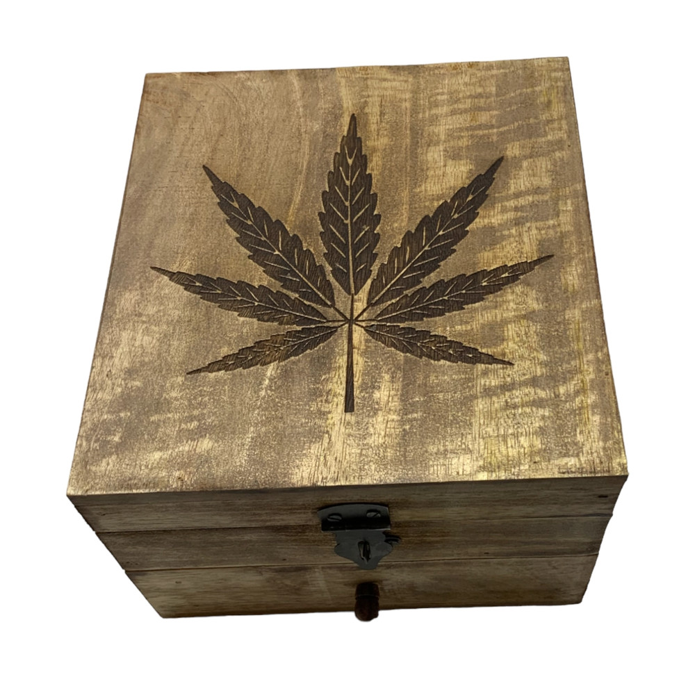 Wood Stash Box Storage Hinged Top Drawer Pot Leaf Design