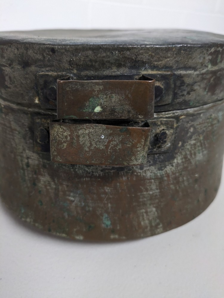 Vintage Handmade Copper Pot with Riveted Handles & Flat Lid Tin Lined Primitive