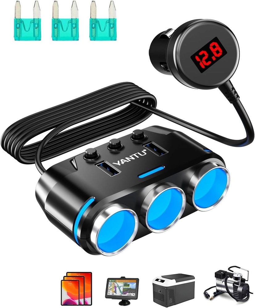 Car Cigarette Lighter Adapter with 150W Output & 3-Sockets for Multiple Devices