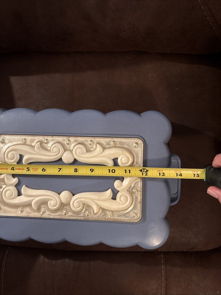 Vintage Dusty Blue Plastic Makeup Storage Box with Scrollwork