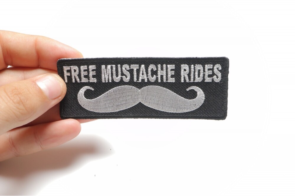 Embroidered Iron-On Patch, Free Mustache Rides, 4" x 1.5"