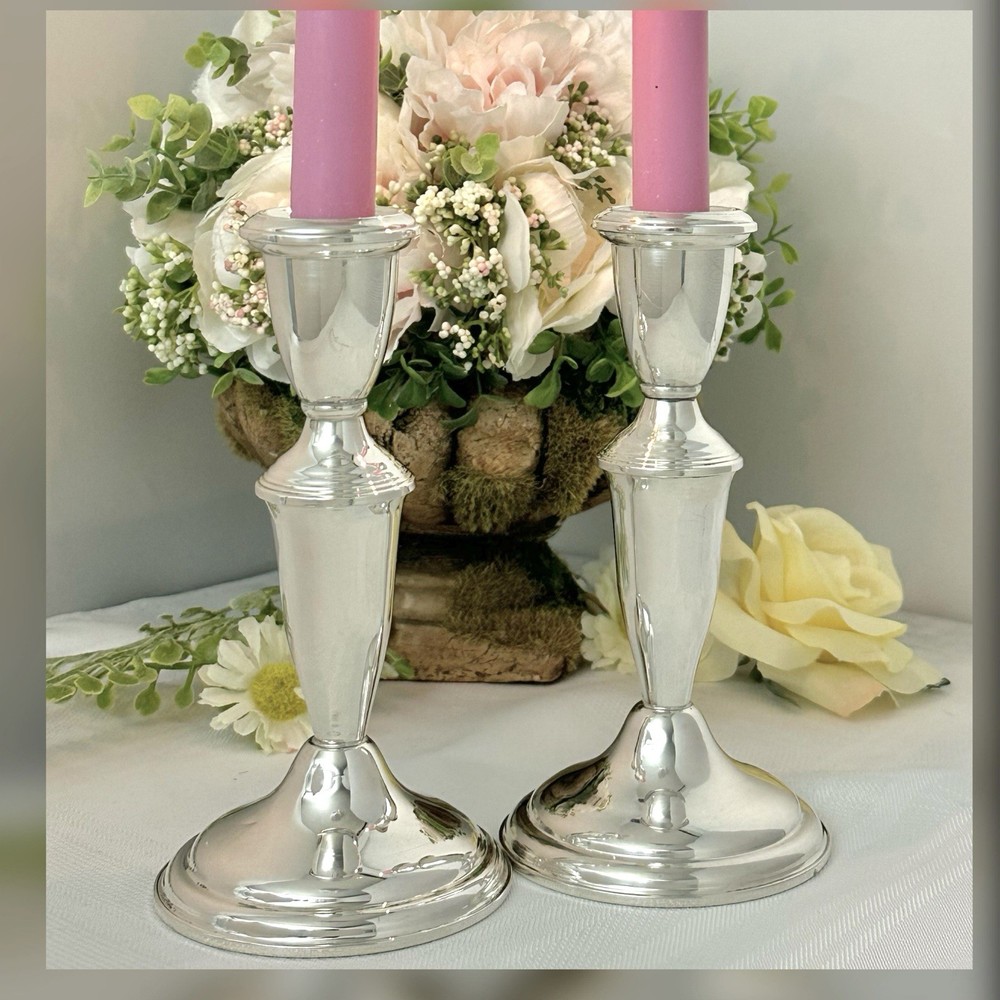 Sterling Silver Empire Candlesticks Pair Vintage Console Taper Holders