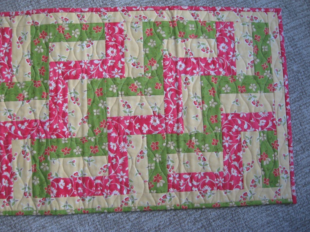 Handmade Quilted Table Runner, Summer Florals 3-Rail Fence