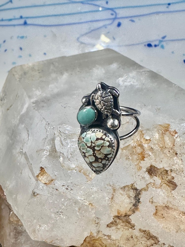 Honu Turtle ring spiderweb turquoise size 7 sterling silver women