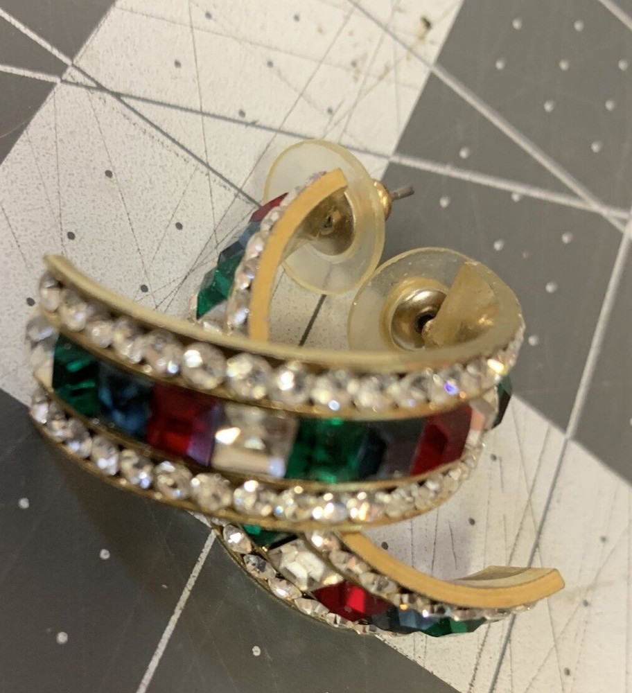 Gold Tone Multicolor Rhinestones Half Hoop Post Earrings