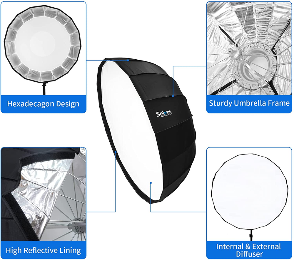 26"/65Cm Umbrella Hexadecagon Softbox with Bowens Mount and Removable Diffusers,