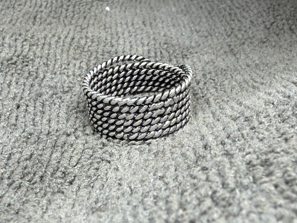 Solid 925Sterling Silver Woven Braided Rope Wide Band Oxidized Mesh Unisex Ring