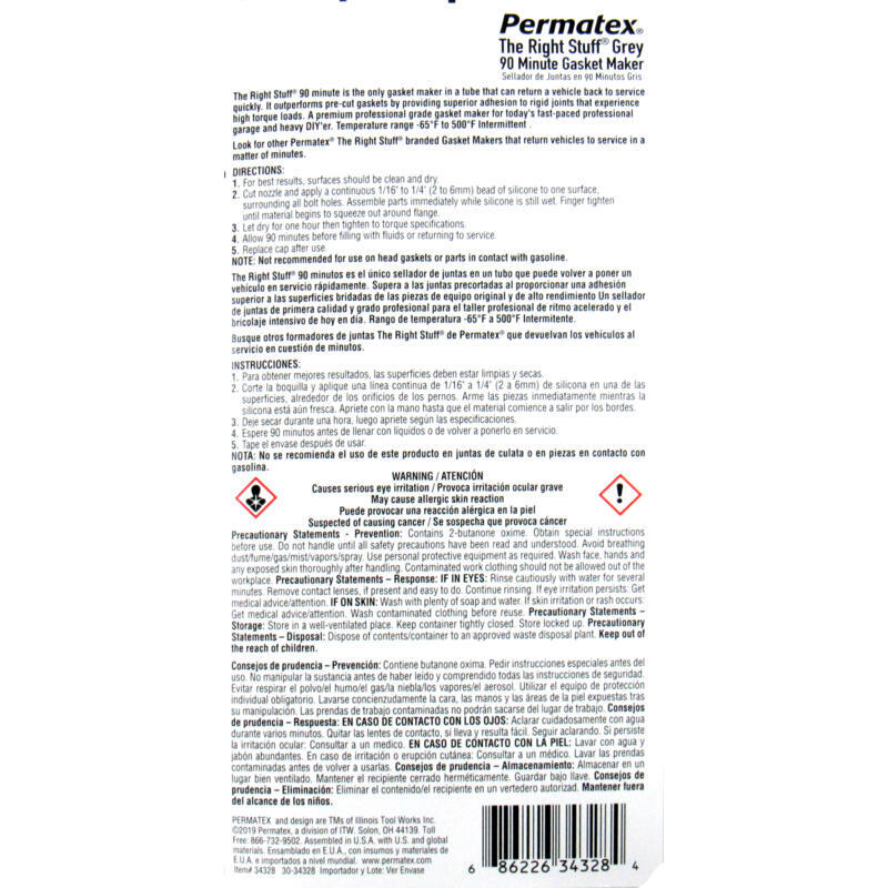 Permatex Gasket Making Compound 34328; Right Stuff 90 Minute 3oz Grey Silicone