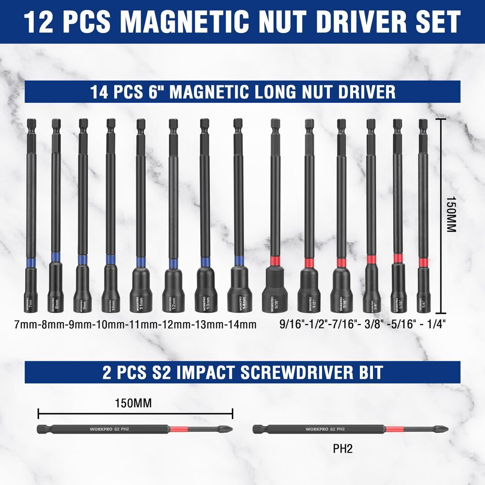 WORKPRO 16PC Magnetic Nut Driver Set Bit 6" Long Nut Driver Metric & SAE 1/4"Hex
