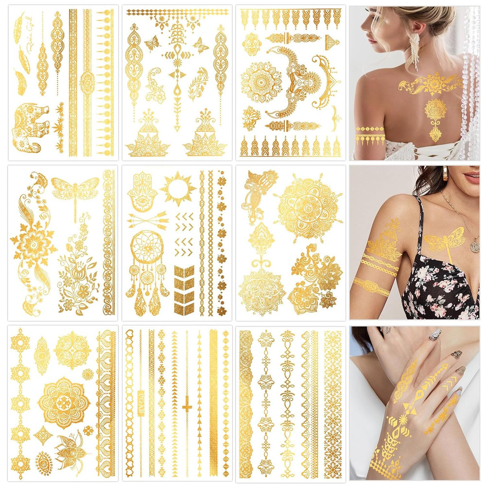 9 Sheets Metallic Tattoos, Elaborate Floral Elephant Patterns Metallic Temporary
