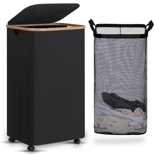 Laundry Basket with Wheels, Tall Rolling Laundry Hamper with Lid 100L Black