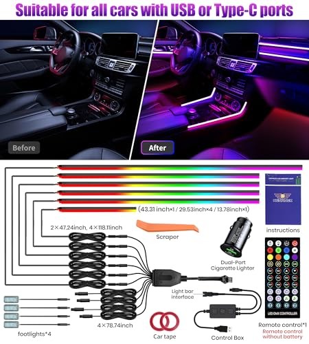 175’’ Acrylic Car Ambient Lighting Kit – 6 LED Light Strips + 4 KENA10