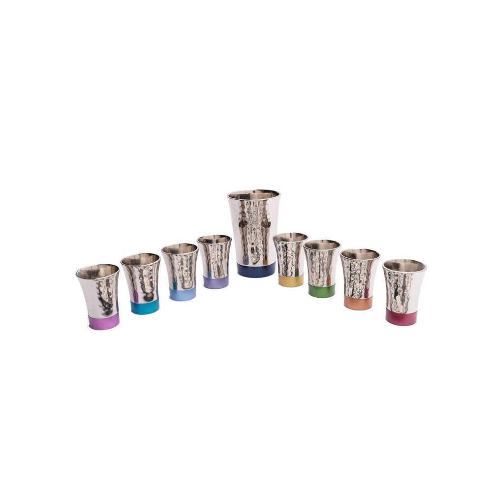 Kiddush Fountain Set Hammered 8 Cups for Sharing 1 Main Cup Colorful Anodized...