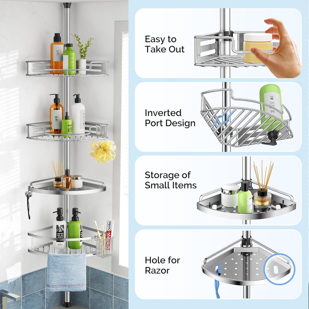 Corner Shower Caddy Tension Pole: Quick Installation 4-Tier Rustproof Bathroom O