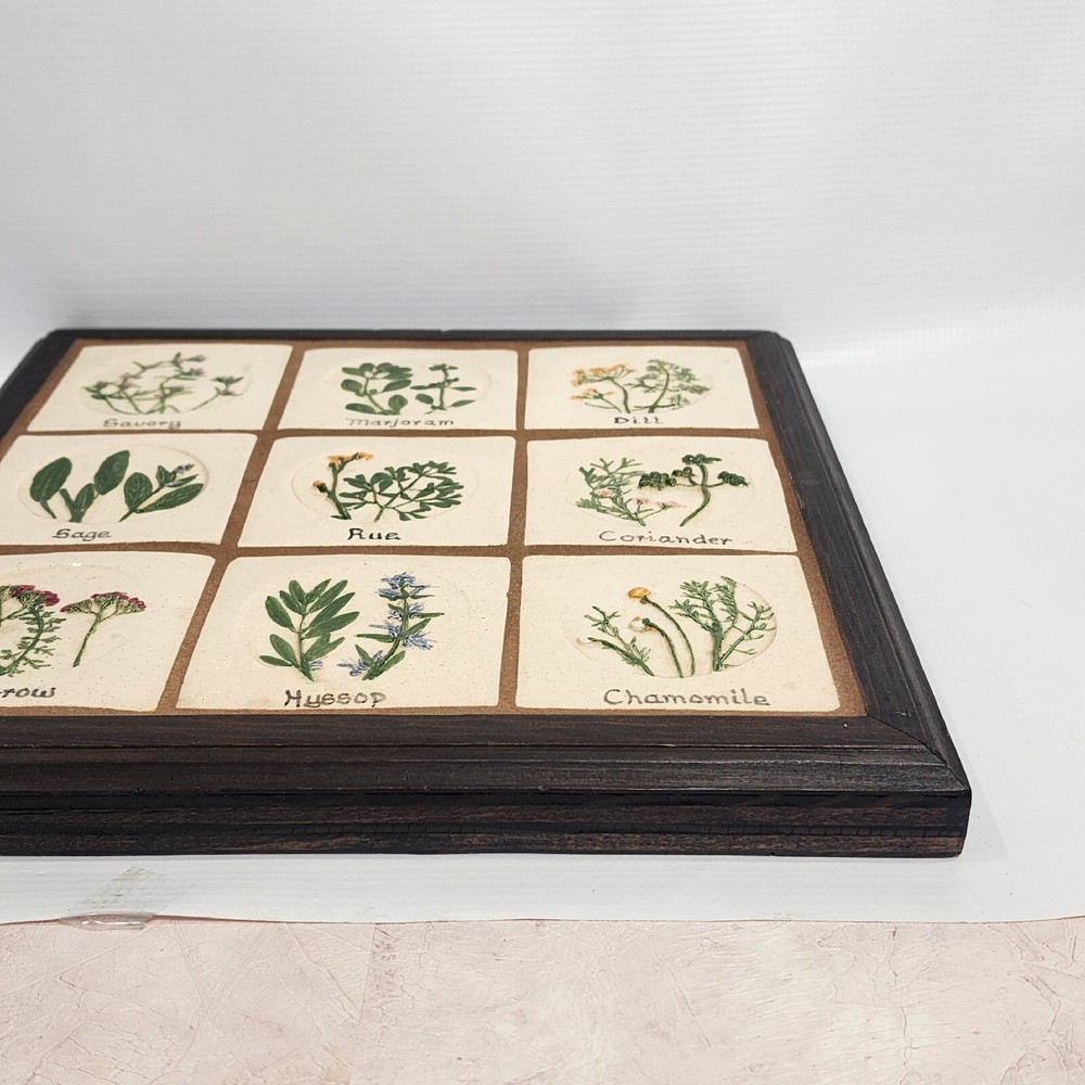 Hand-built 12" Square Pottery Spice Herb Tile Botanical Wall Decor