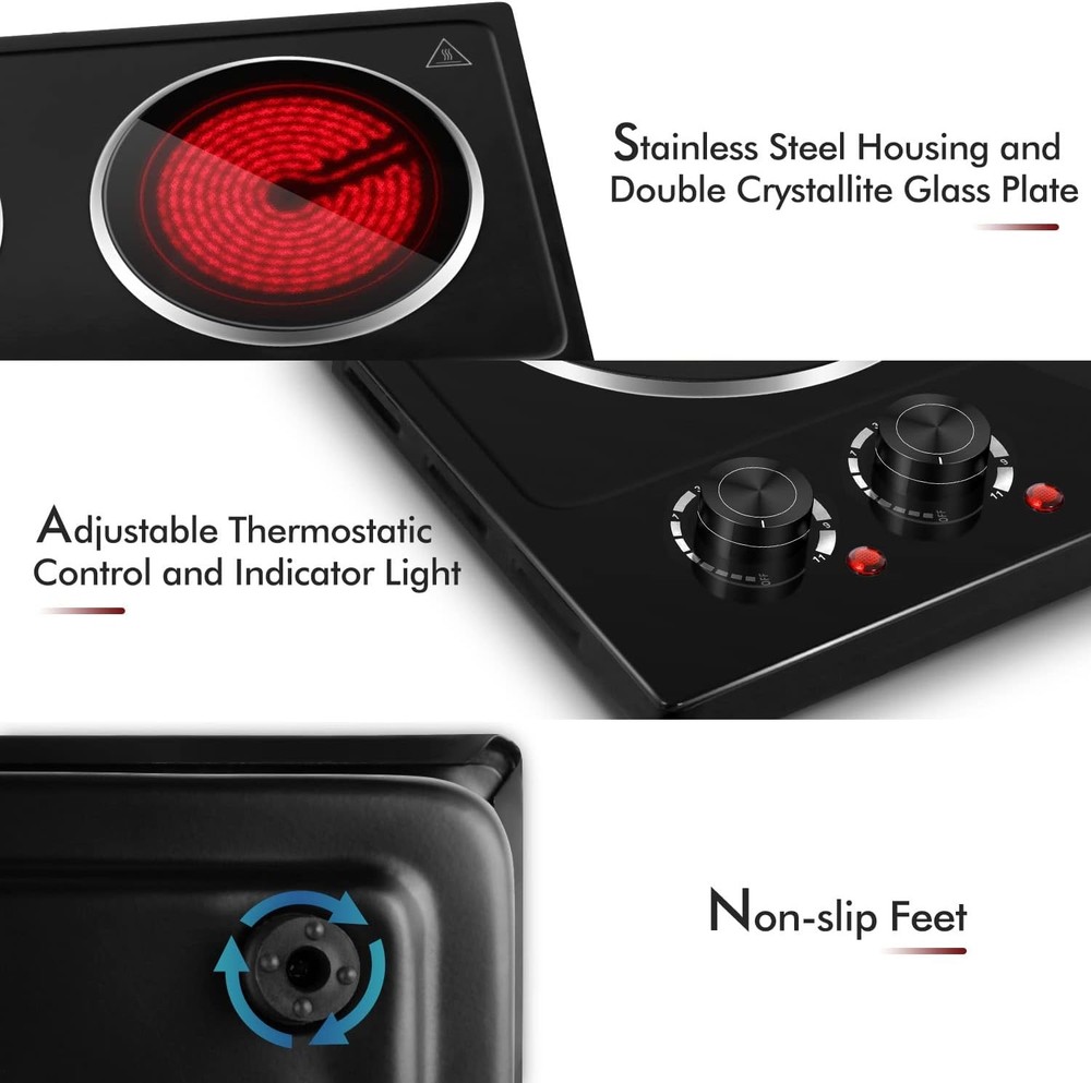 CUSIMAX Double Burner, 1800W Ceramic Electric Black Hot Plate,