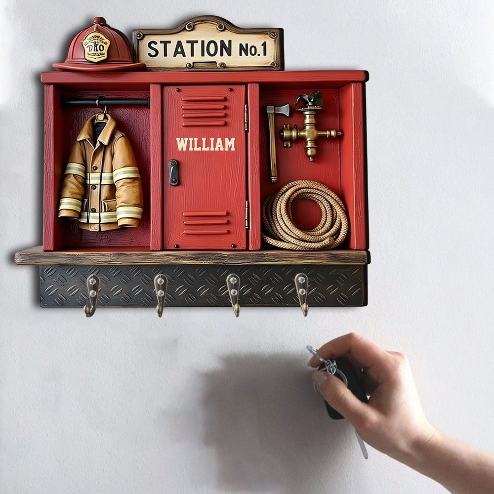Personalized Firefighter Key Holder, Fire Station Wall Hooks Custom Name Decor