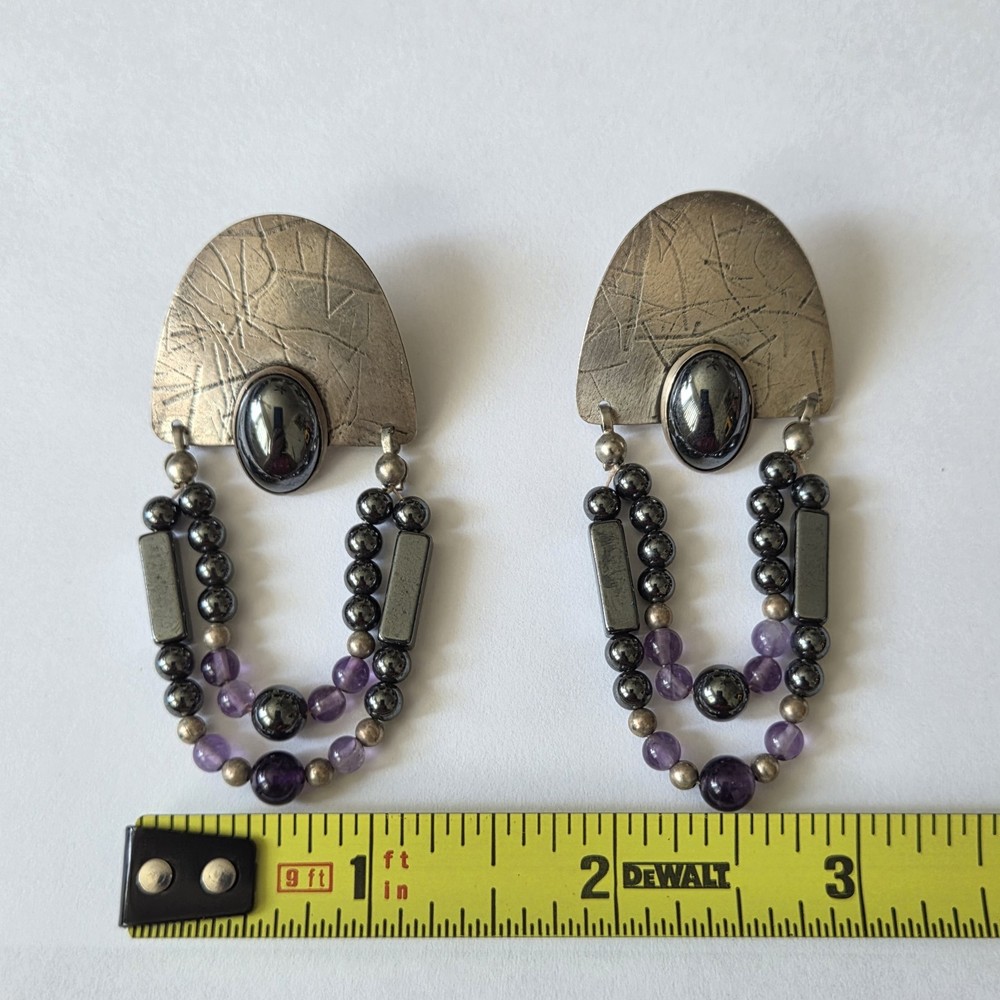 Signed MARCELL Southwestern Sterling Stud Earrings Hematite & Amethyst