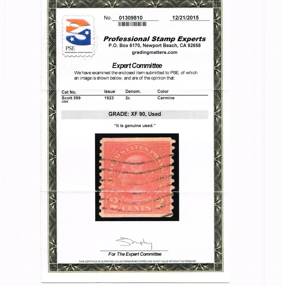 EXCEPTIONAL GENUINE SCOTT #599 USED COIL SINGLE PSE CERT GRADED XF-90  #9730