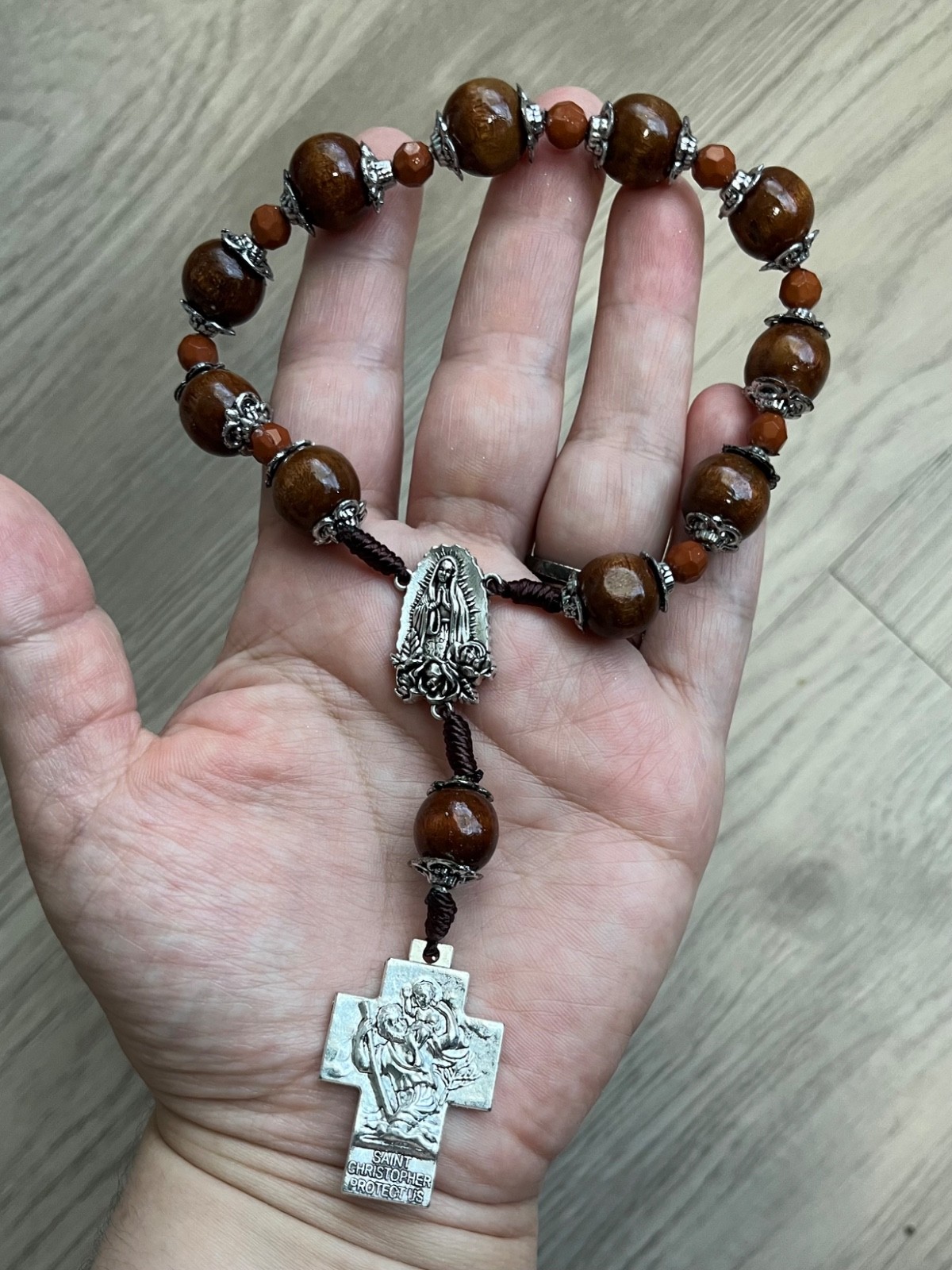 Virgin Guadalupe St Christopher Holy Family 1 Decade Rosary Wood Beads JMJ Cross