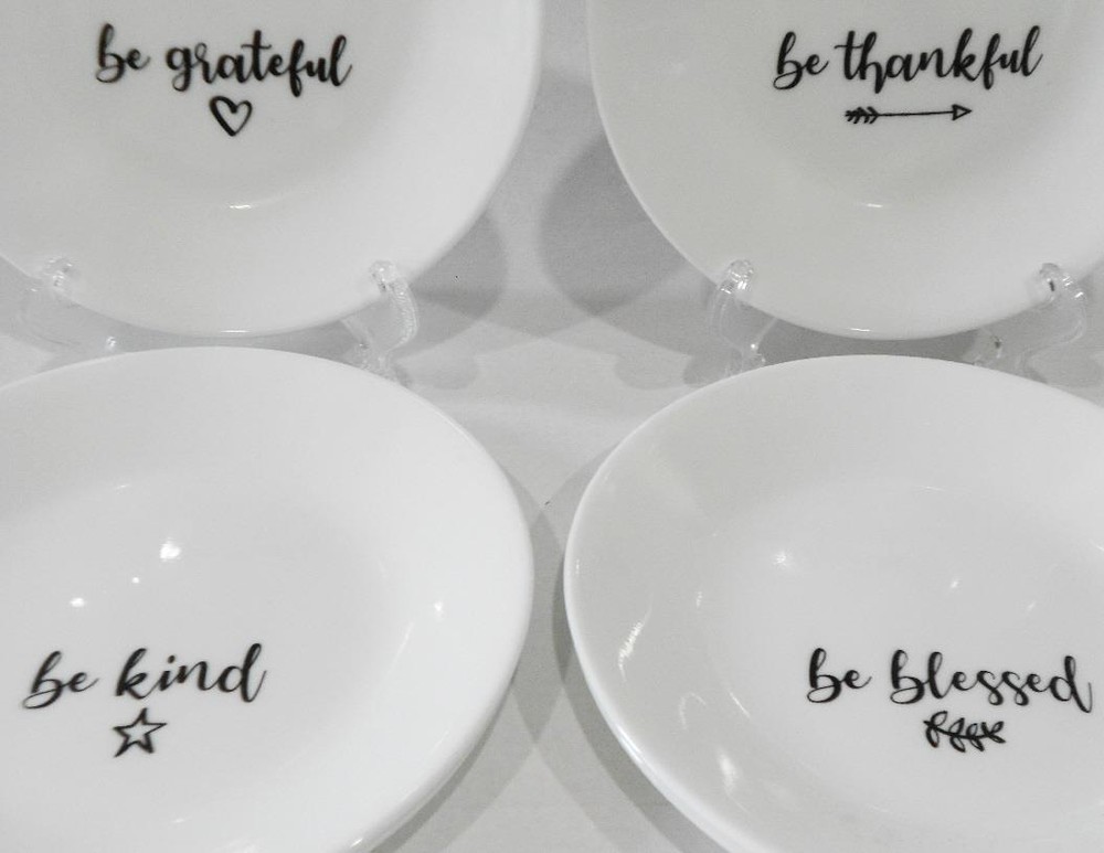 ❤️ 4 Corelle SENTIMENTS 6.75" Appetizer Plates BE THANKFUL GRATEFUL KIND BLESSED