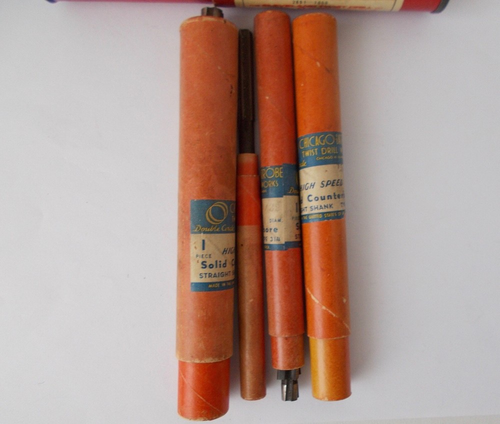 5 Different Drilling Boring BITS~~Vintage in Cylindrical Tubes