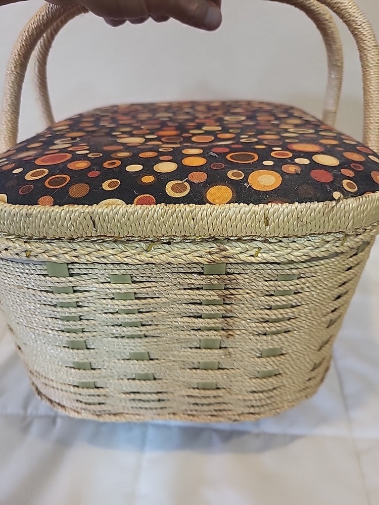 Vintage Sewing Wicker Basket Brown Print Top