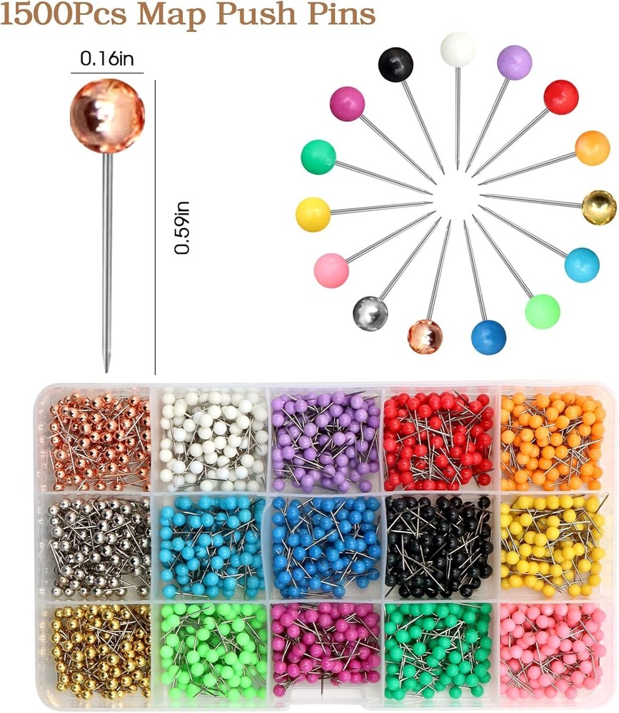 1500 PCS Map Push Pins, Map Tacks Marking Pins 1/8-Inch Plastic round Head Deco