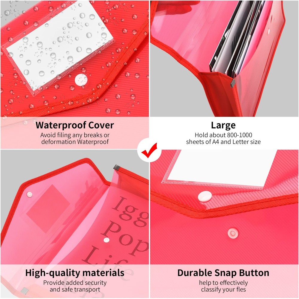 Expanding File Folder Document Organizer with Snap Button, Waterproof Transpa...