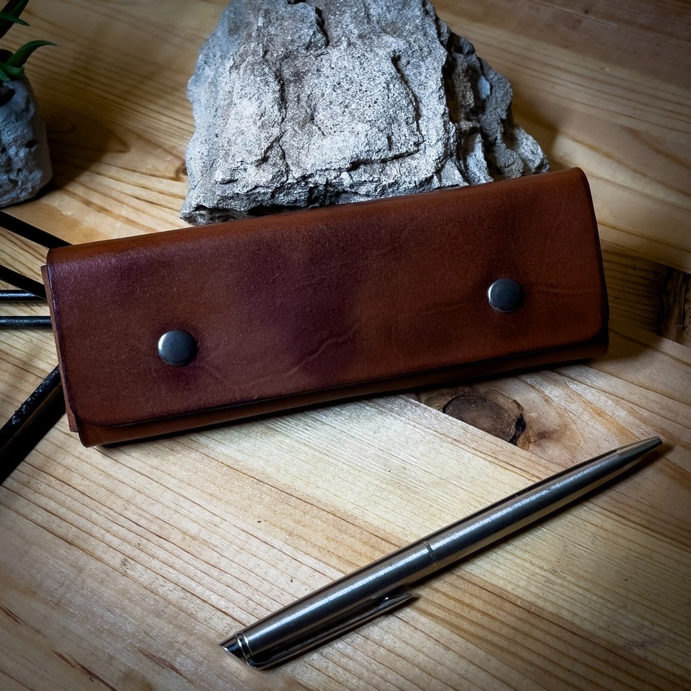 Leather brown pen and pencil case. Handmade.