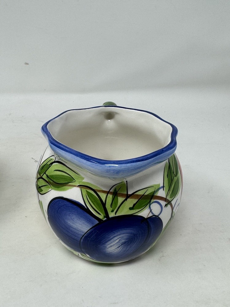 capriware Covered Sugar Bowl & Creamer Fruit Design w/ Cobalt Blue Trim EUC HTF