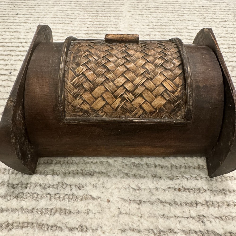 Small Vintage Brown Wooden Decorative Box with Woven Lid, Rectangular