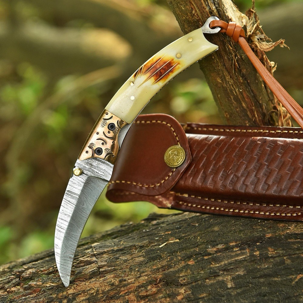 Damascus Folding Karambit Blade Pocket Knife Tactical- Original BurnBone Handle