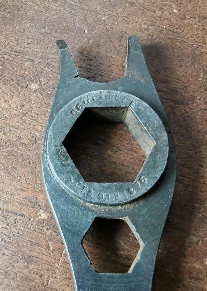 Vintage combination spanner, registered Oct. 9th 1876, slight damage.