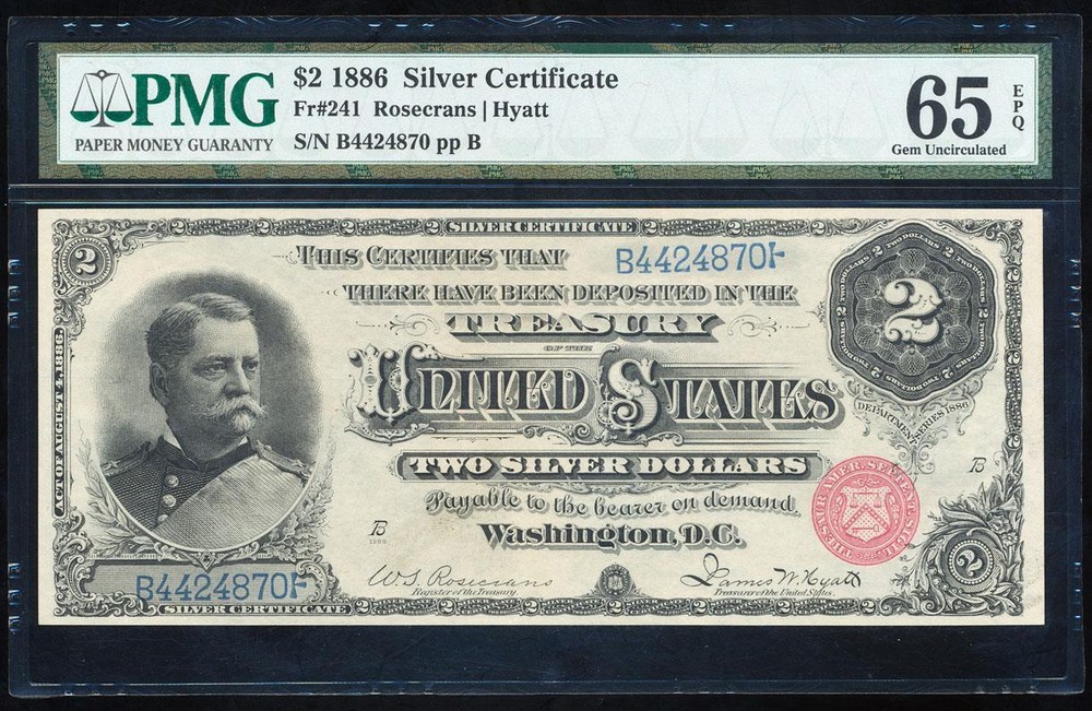 FR.241 1886 $2 SILVER CERTIFICATE PMG65 EPQ GEM CU "HANCOCK NOTE"