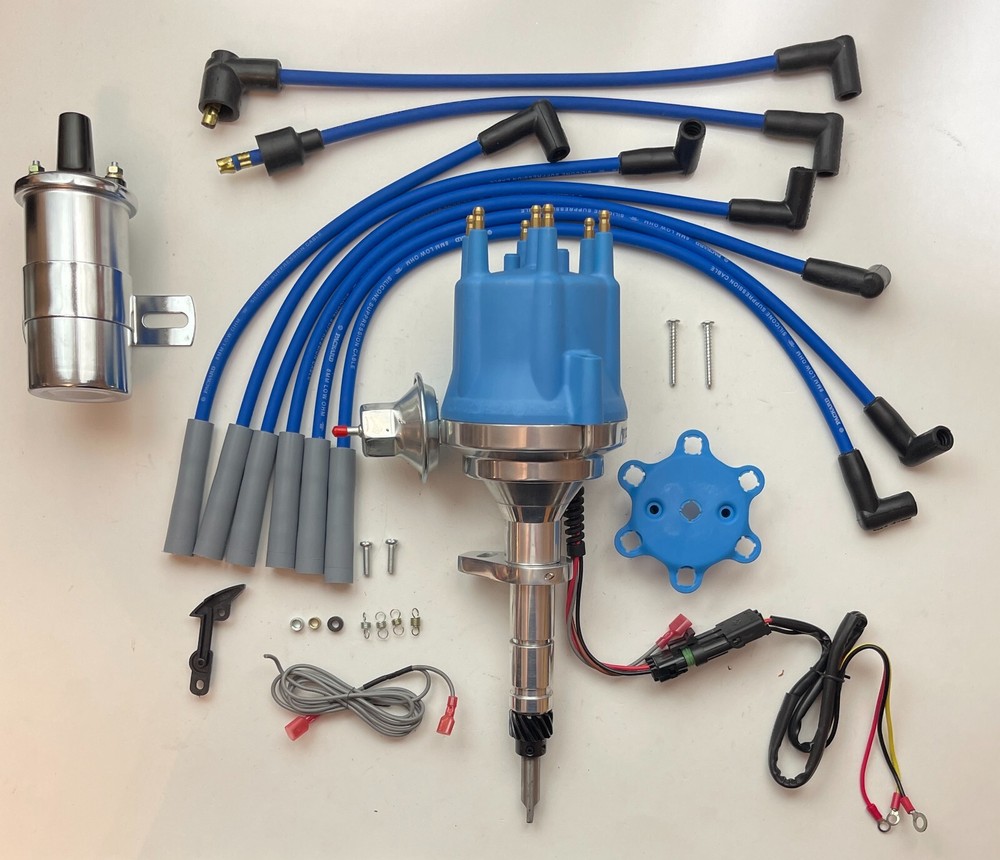 small cap CHEVY INLINE 6 Cylinder 235 BLUE HEI Distributor + Chrome Coil + Wires