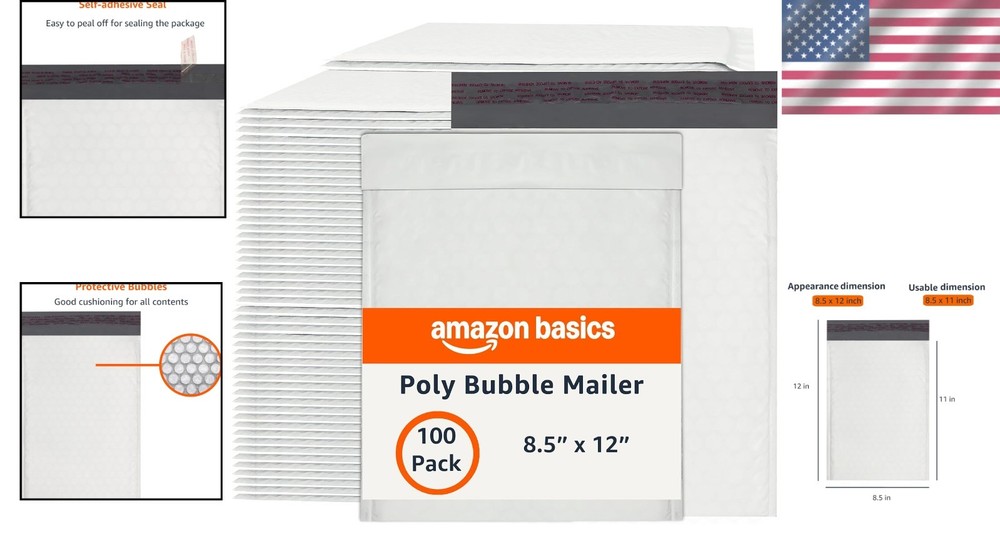 100-Pack WHITE/Grey 8.25 x 11" POLY BUBBLE MAILER- Self Seal Bag Shipping