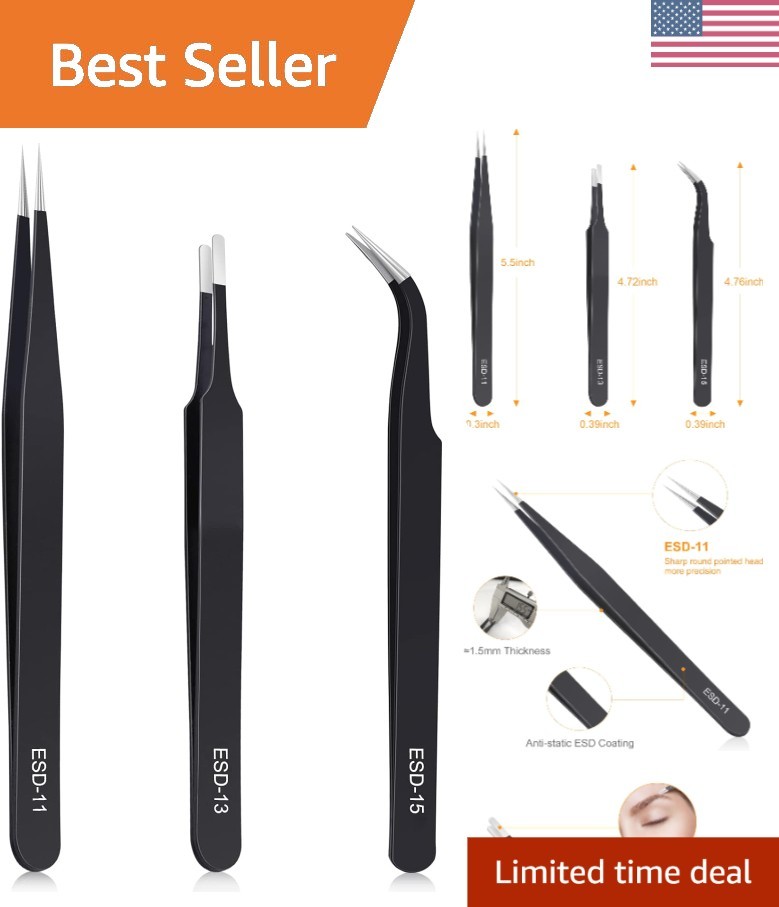 Versatile 3-Piece Precision Tweezers Set for Electronics & Crafts - ESD Safe