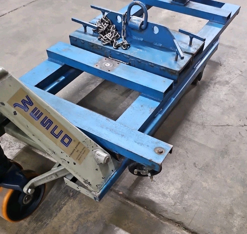Wesco Pallet Jack w/ Hoist Attachment & Stretch Wrap Station (missing post)