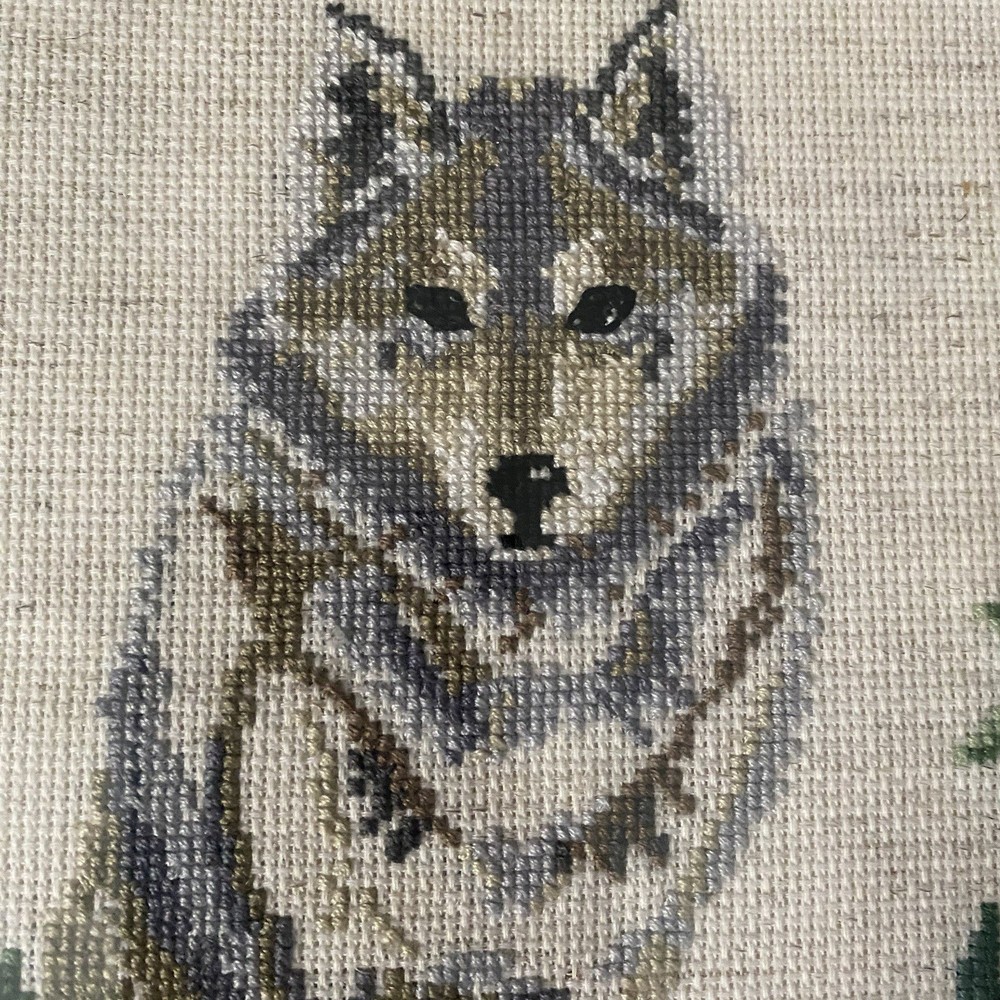 Vintage Cross Stitch Wolf Framed Art