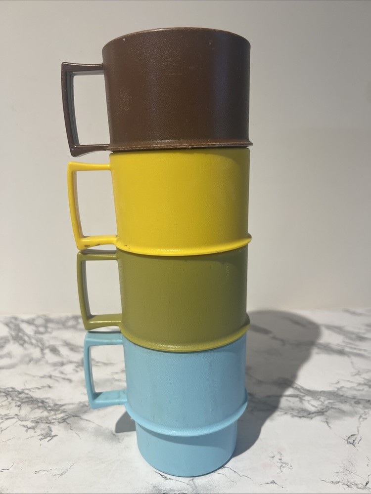 VTG Tupperware Stackable Coffee Mug Cups 1312 Harvest Color Set Of 4