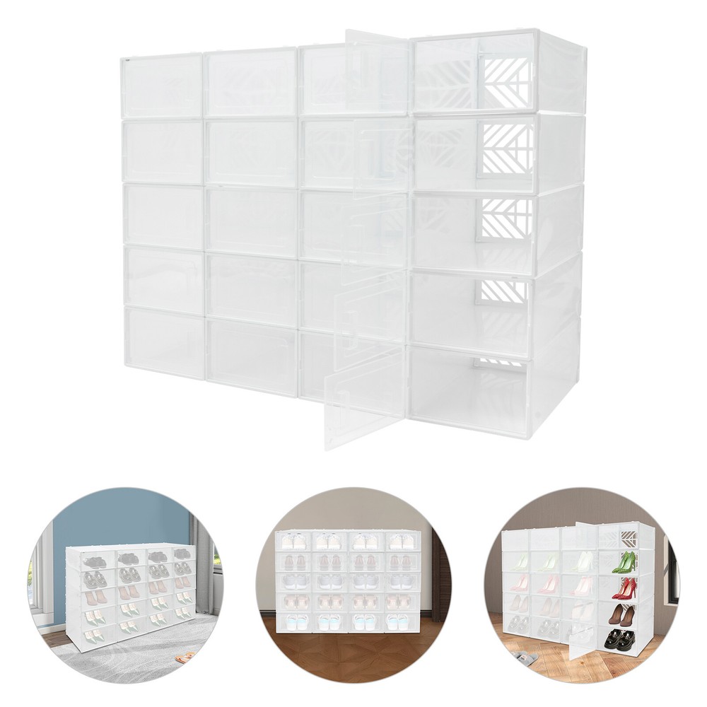 20 Pack White Plastic Shoe Boxes With Lids Stackable Storage Containers Organize