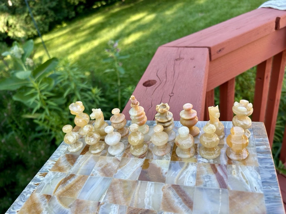 Vintage Brown & Grey All Marble Stone Square Complete Chess Set. Heavy