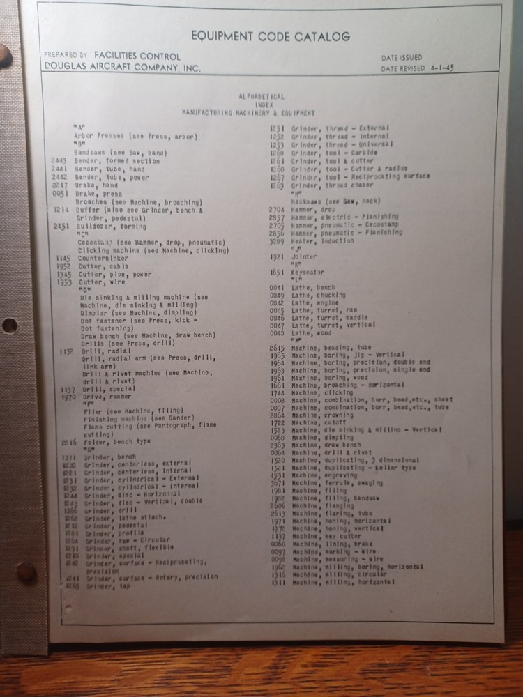 1945 Douglas Aircraft Equipment Code Catalog Section 1 JRR45
