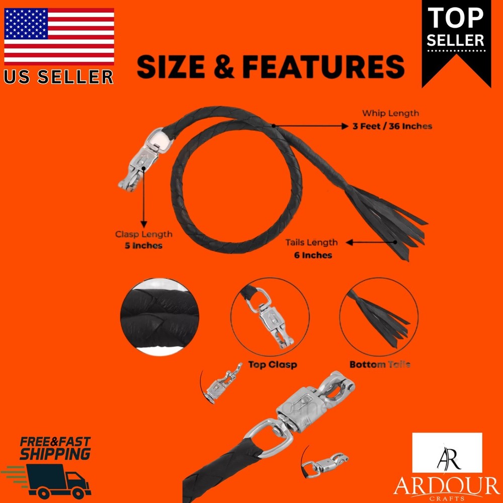 Get Back 36" Leather Whip Biker Whip for Handlebar Black Motorcycle