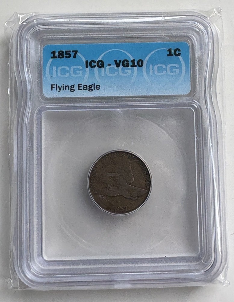 1857 Flying Eagle Cent 1c ICG VG10 Problem Free Beauty!