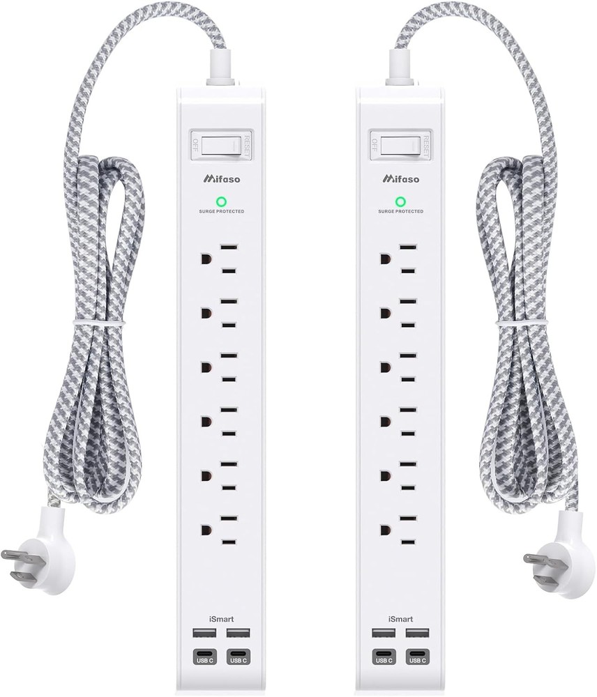 ETL Power Strip 2pk 6 Outlet 4 USB 5ft Flat Plug