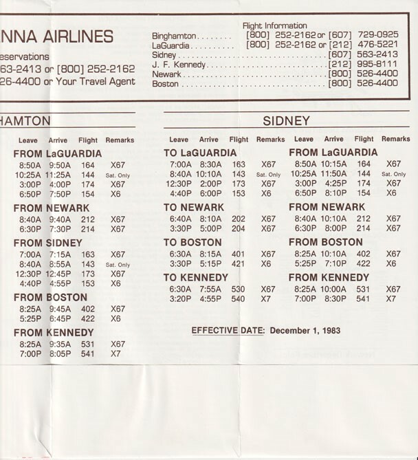Susquehanna Airlines timetable 1983/12/01