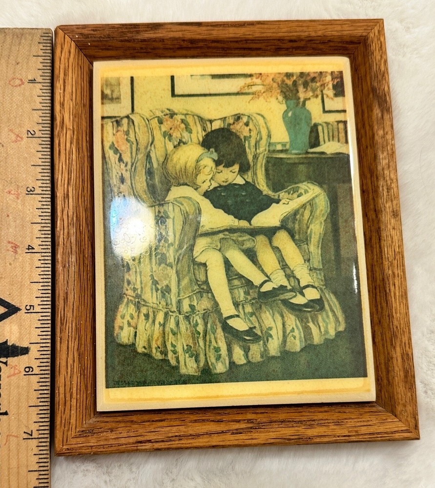 Framed Ceramic Tile Reading Hour 1920s Good Housekeeping Image