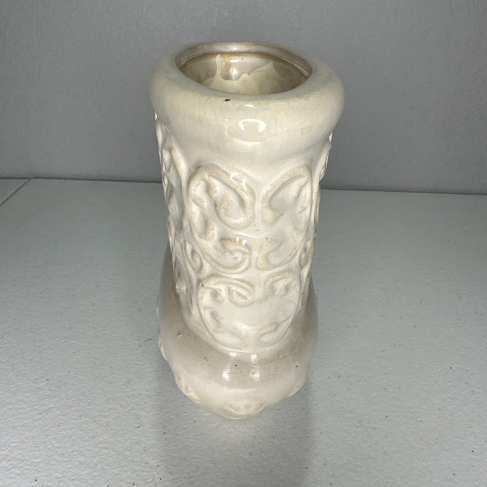 MCM Pottery Ceramic Planter Oval Off White Glazed Scroll Leaf Design Shabby Chic